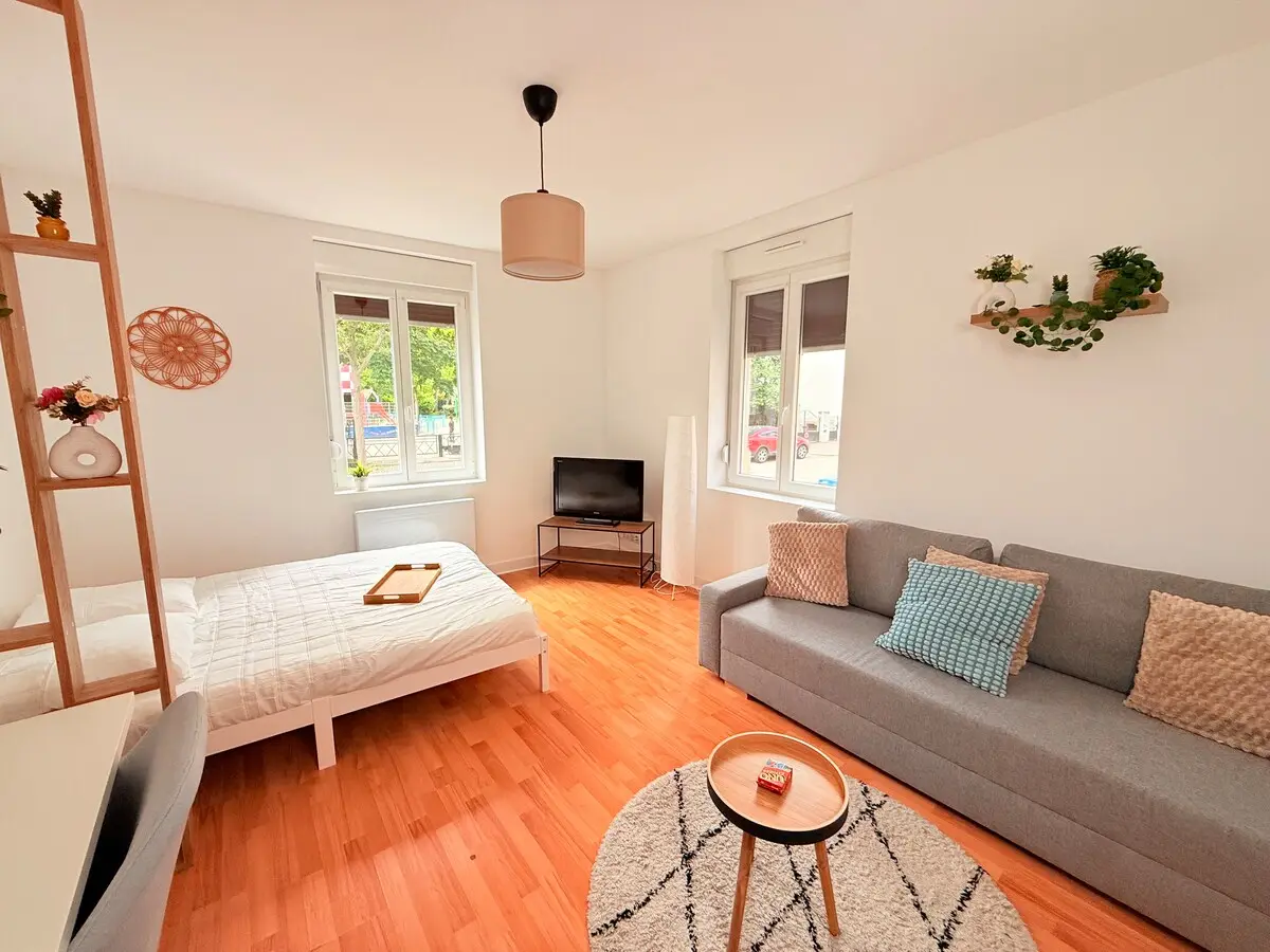 Pièce de vie lumineuse avec parquet, plantes et étagère échelle, La Perle à Schiltigheim